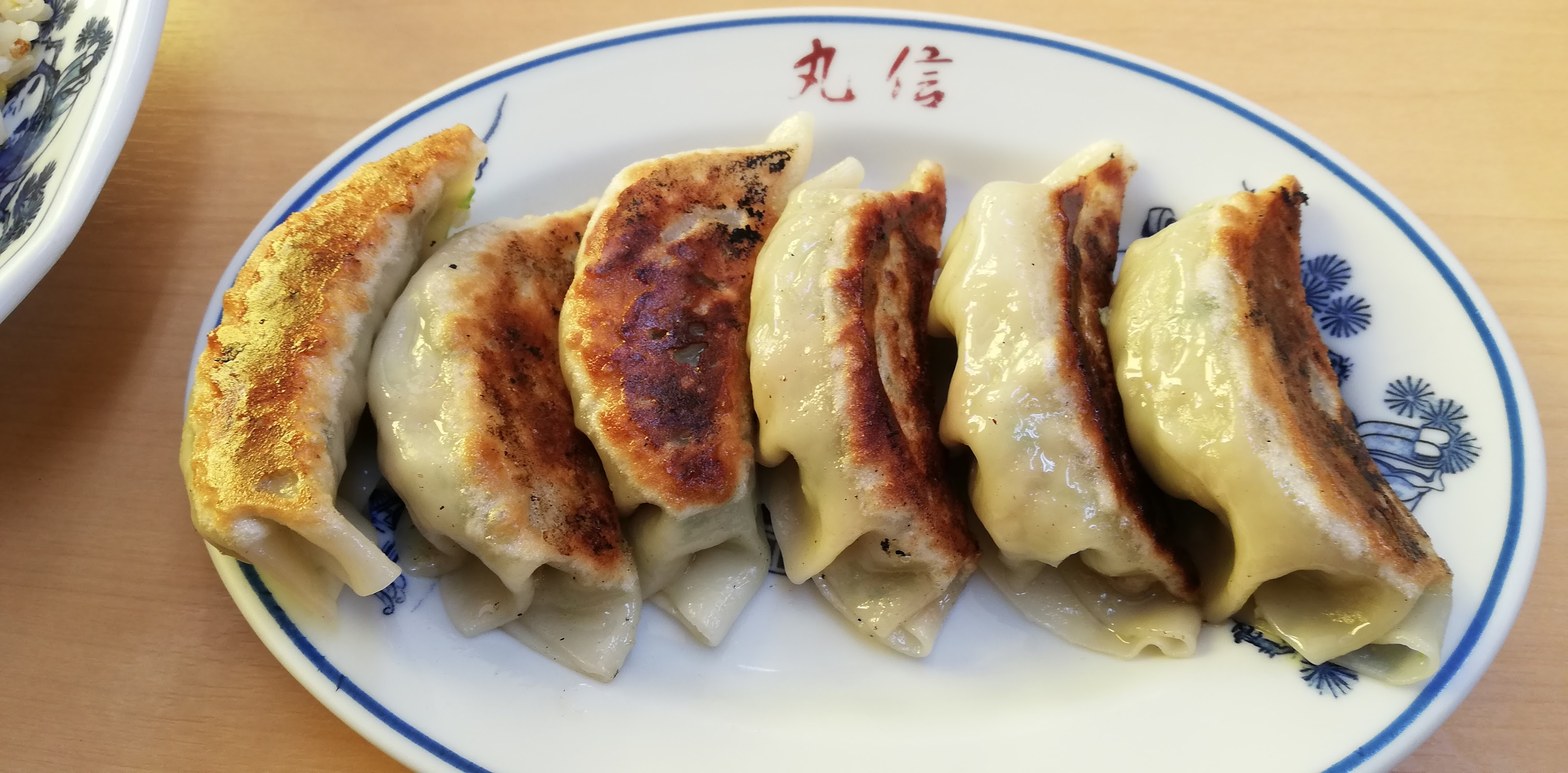 丸信の皿に6個並んだ焼き餃子。底面に濃い焼き色が付き、皮がつやつやと光っている。