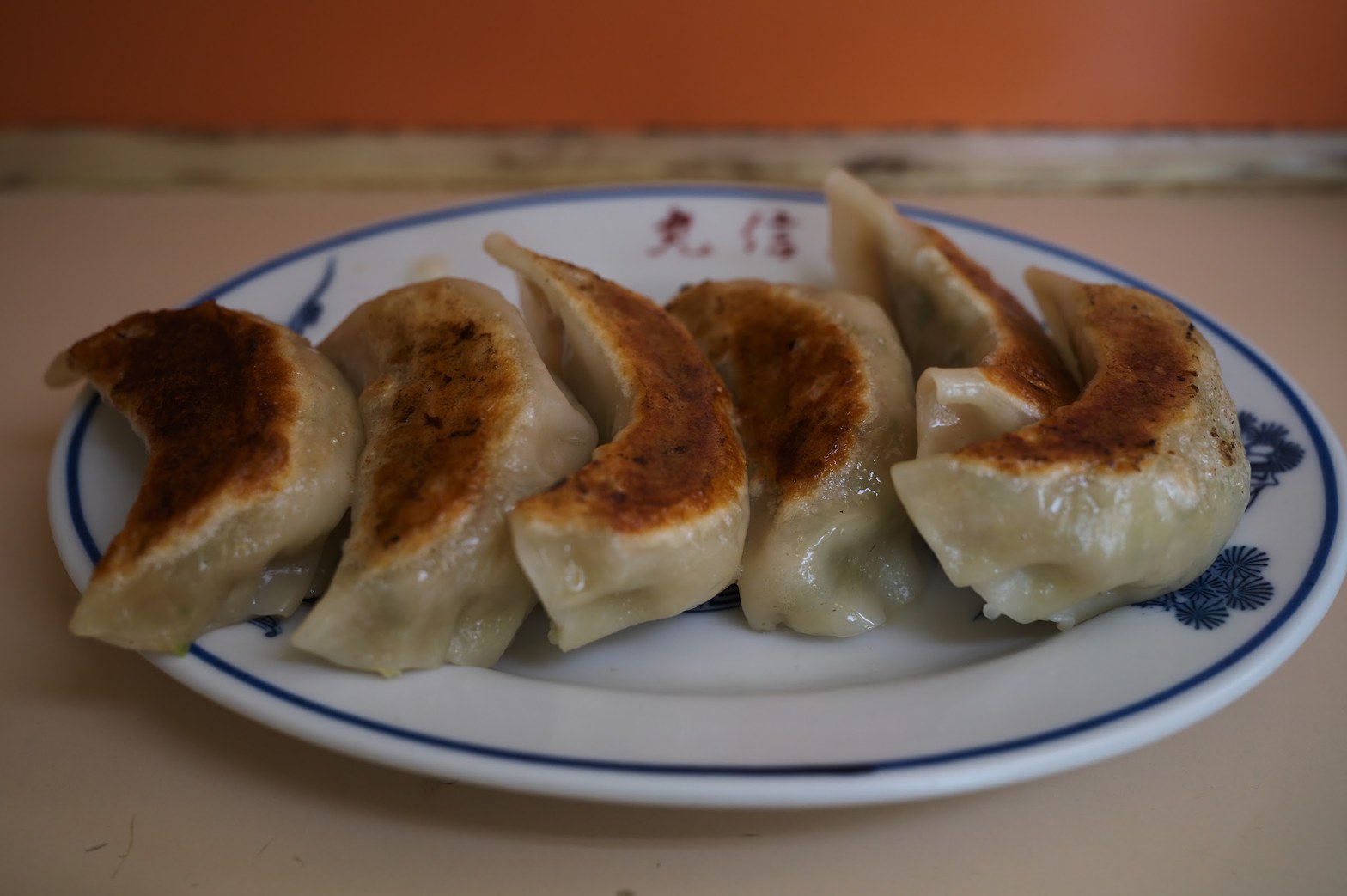 丸信の皿に4個並んだ焼き餃子のアップ。こんがりした焼き目と白い皮のコントラストが目立つ。